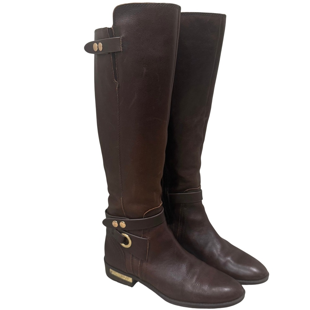 Vince Camuto Riding Boots Womens 8.5 Brown Leather Gold Hardware Tall - Picture 3 of 13